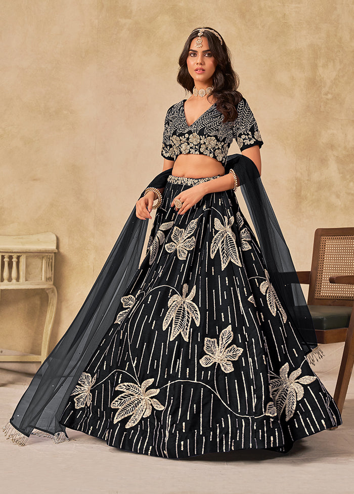 Black Blended Silk Lehenga Set