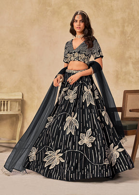 Black Blended Silk Lehenga Set