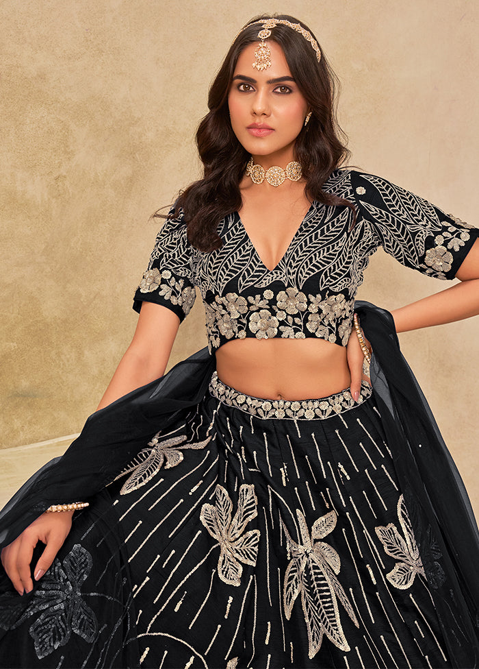 Black Blended Silk Lehenga Set