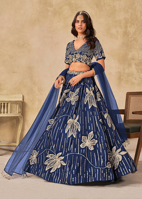 Blue Blended Silk Lehenga Set