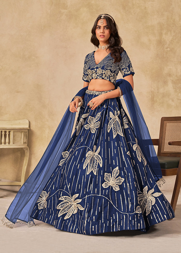Blue Blended Silk Lehenga Set