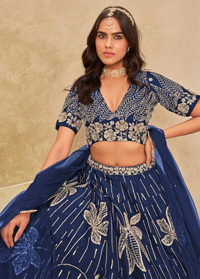 Blue Blended Silk Lehenga Set