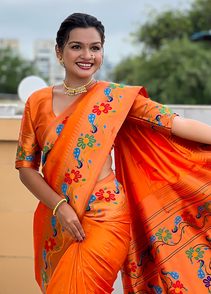 Orange Spun Silk Saree With Blouse Piece