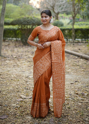 Orange Spun Silk Saree With Blouse Piece