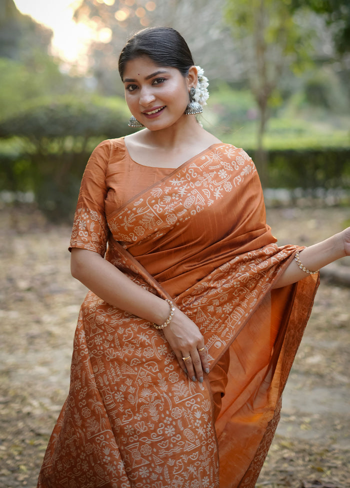 Orange Spun Silk Saree With Blouse Piece