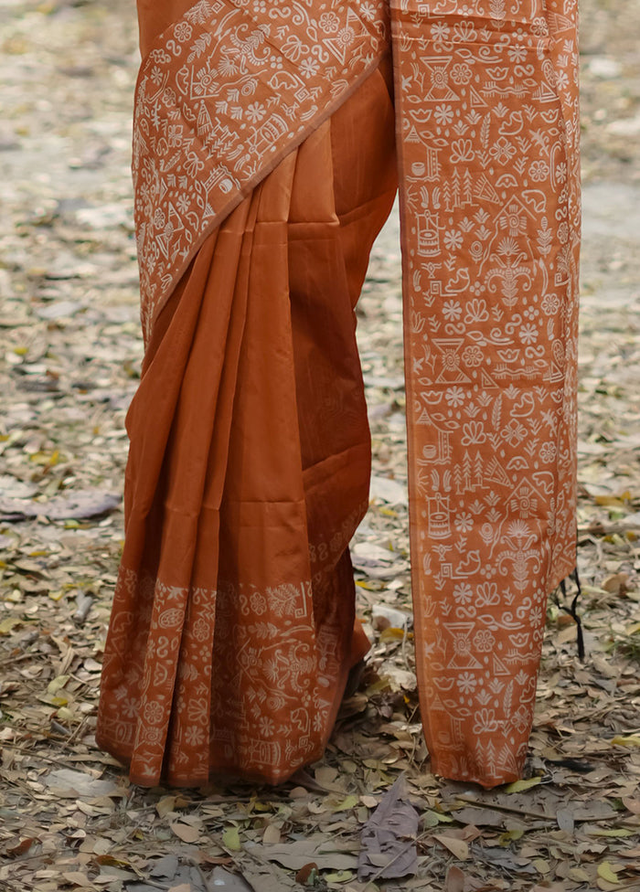 Orange Spun Silk Saree With Blouse Piece