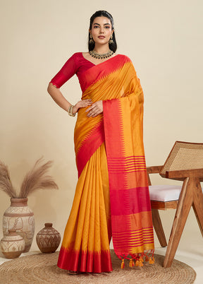 Yellow Spun Silk Saree With Blouse Piece