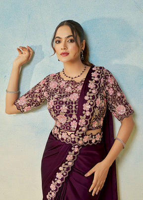 Maroon Spun Silk Saree With Blouse Piece (Ready to Wear Saree)