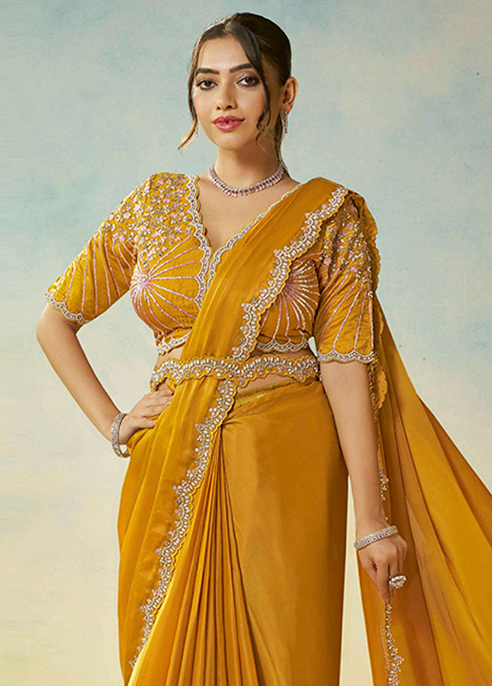Yellow Spun Silk Saree With Blouse Piece (Ready to Wear Saree)