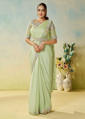 Green Spun Silk Saree With Blouse Piece (Ready to Wear Saree)
