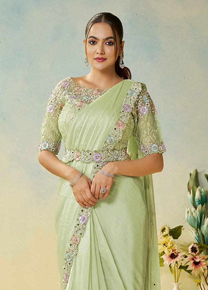 Green Spun Silk Saree With Blouse Piece (Ready to Wear Saree)