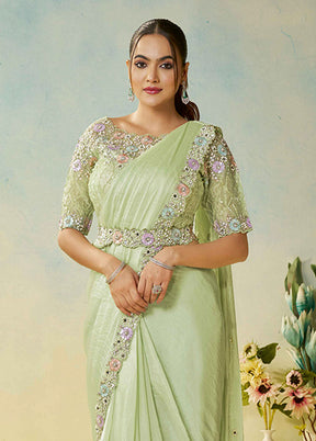 Green Spun Silk Saree With Blouse Piece (Ready to Wear Saree)