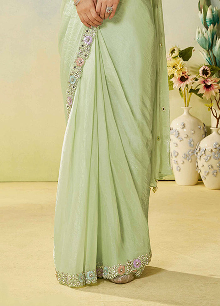 Green Spun Silk Saree With Blouse Piece (Ready to Wear Saree)