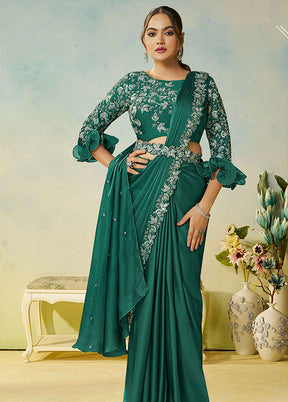 Green Spun Silk Saree With Blouse Piece (Ready to Wear Saree)