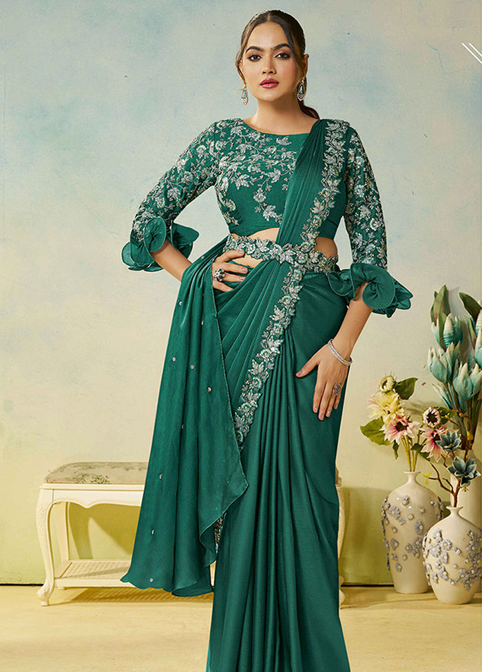 Green Spun Silk Saree With Blouse Piece (Ready to Wear Saree)