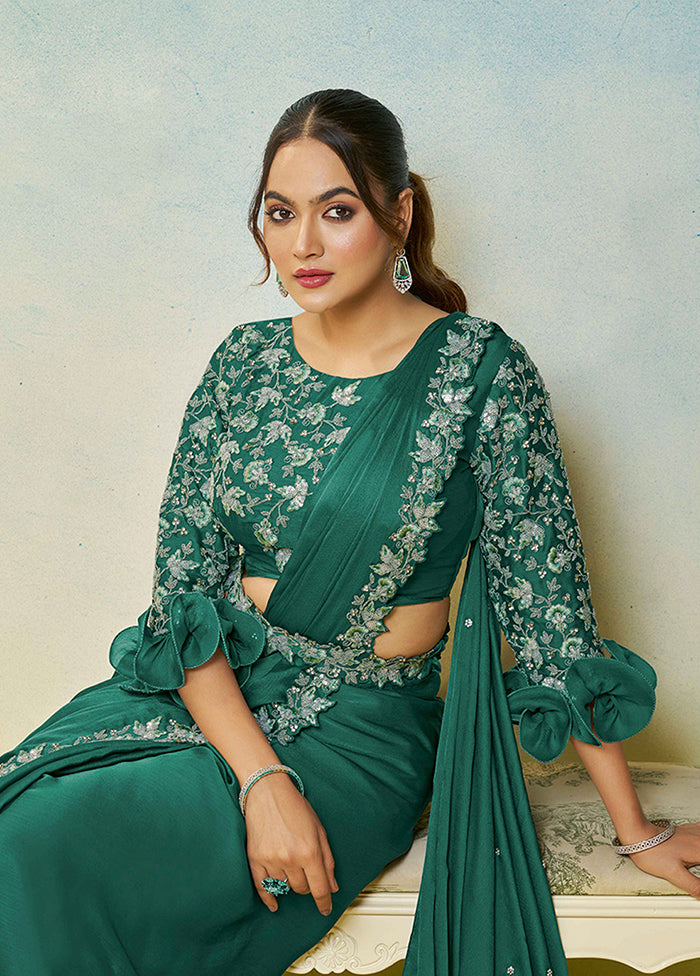 Green Spun Silk Saree With Blouse Piece (Ready to Wear Saree)