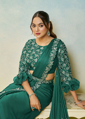 Green Spun Silk Saree With Blouse Piece (Ready to Wear Saree)