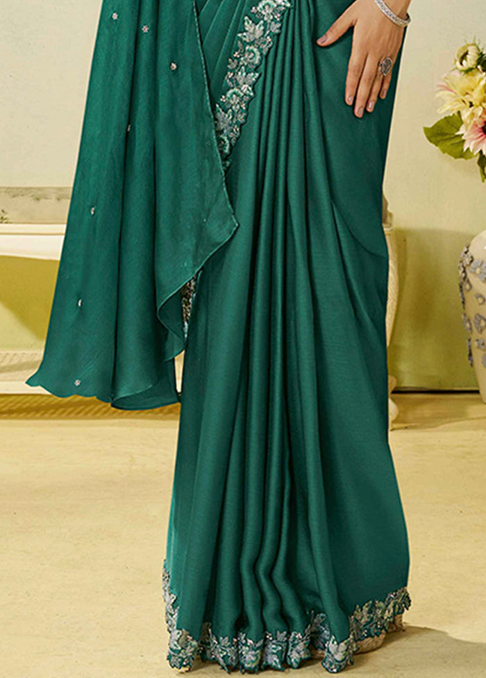 Green Spun Silk Saree With Blouse Piece (Ready to Wear Saree)