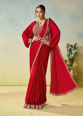 Red Spun Silk Saree With Blouse Piece (Ready to Wear Saree)
