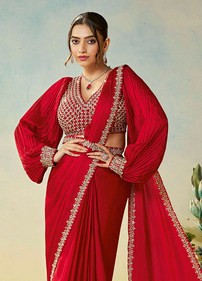 Red Spun Silk Saree With Blouse Piece (Ready to Wear Saree)