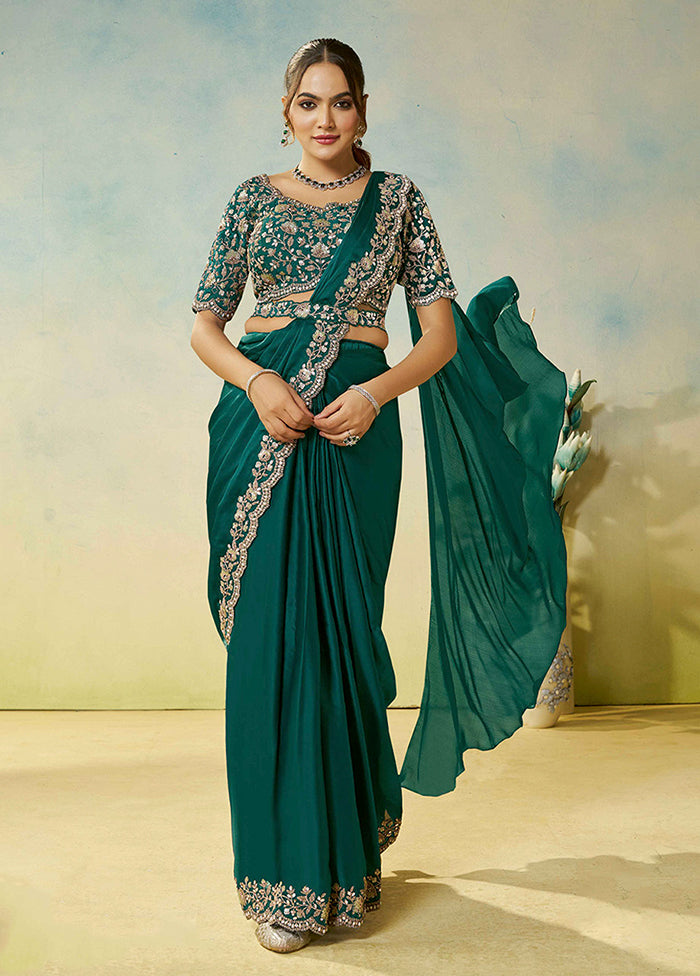 Green Spun Silk Saree With Blouse Piece (Ready to Wear Saree)