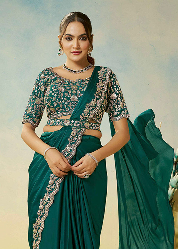 Green Spun Silk Saree With Blouse Piece (Ready to Wear Saree)