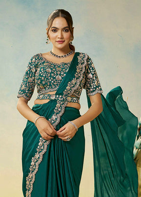 Green Spun Silk Saree With Blouse Piece (Ready to Wear Saree)