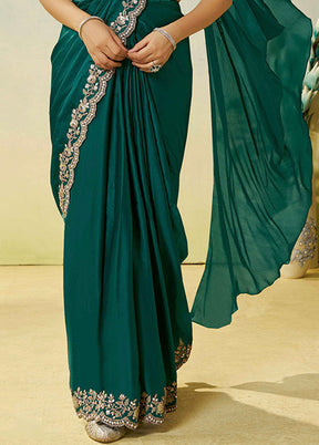 Green Spun Silk Saree With Blouse Piece (Ready to Wear Saree)