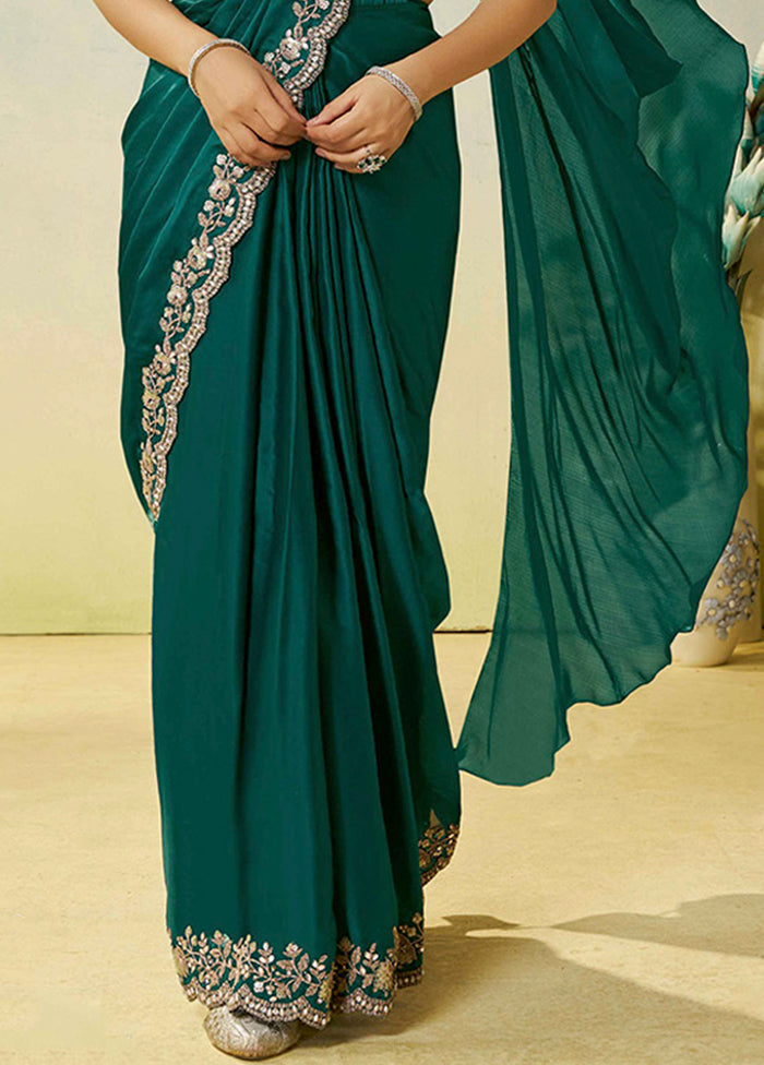Green Spun Silk Saree With Blouse Piece (Ready to Wear Saree)