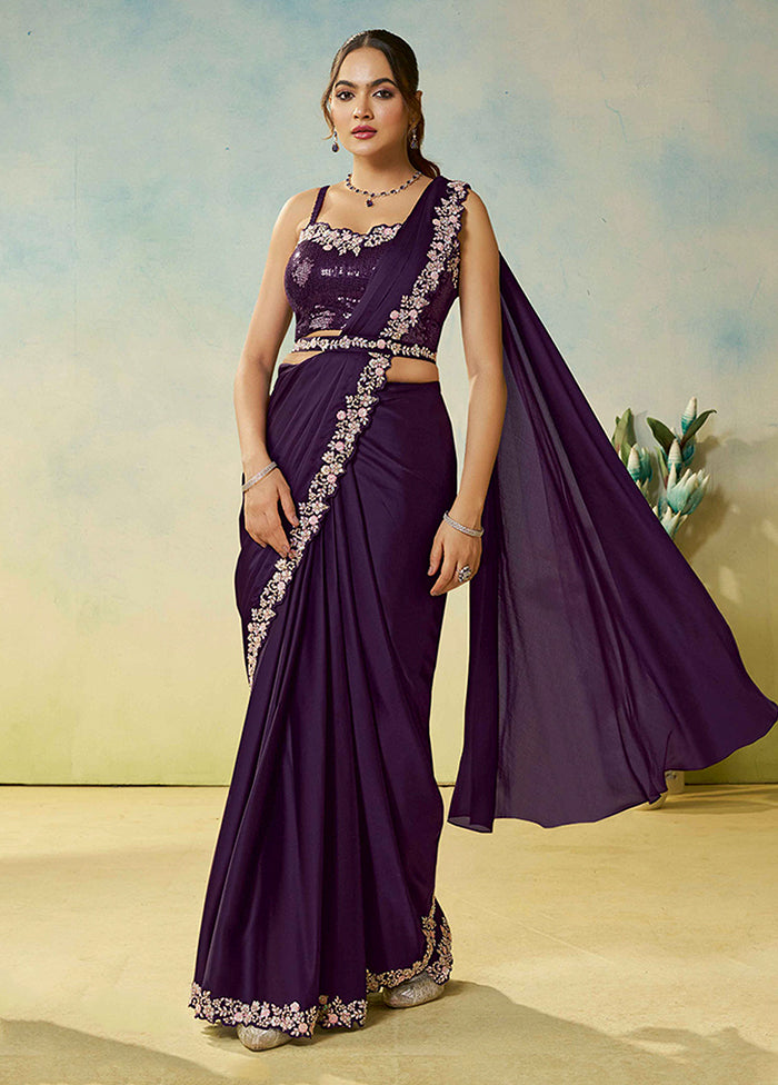 Purple Spun Silk Saree With Blouse Piece (Ready to Wear Saree)