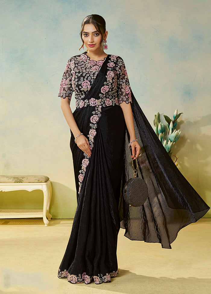 Black Spun Silk Saree With Blouse Piece (Ready to Wear Saree)