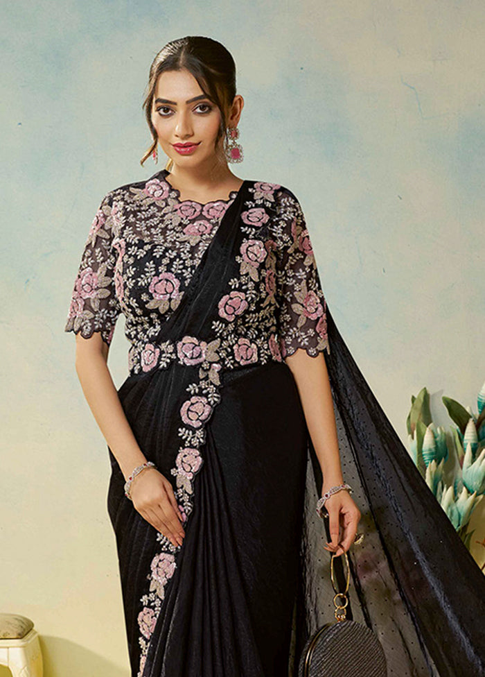 Black Spun Silk Saree With Blouse Piece (Ready to Wear Saree)