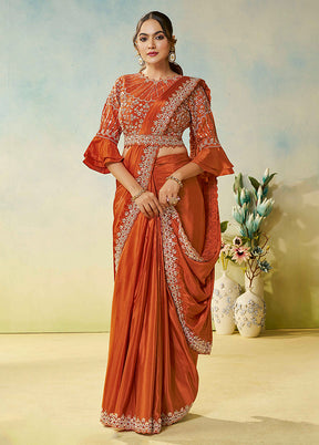 Brown Spun Silk Saree With Blouse Piece (Ready to Wear Saree)