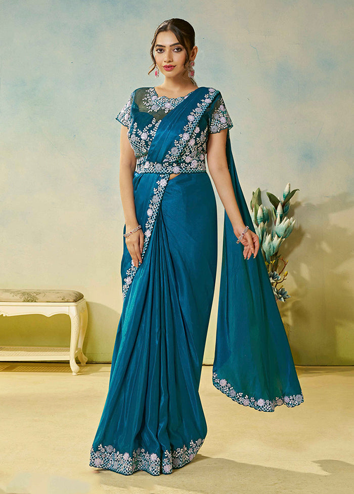 Blue Spun Silk Saree With Blouse Piece (Ready to Wear Saree)
