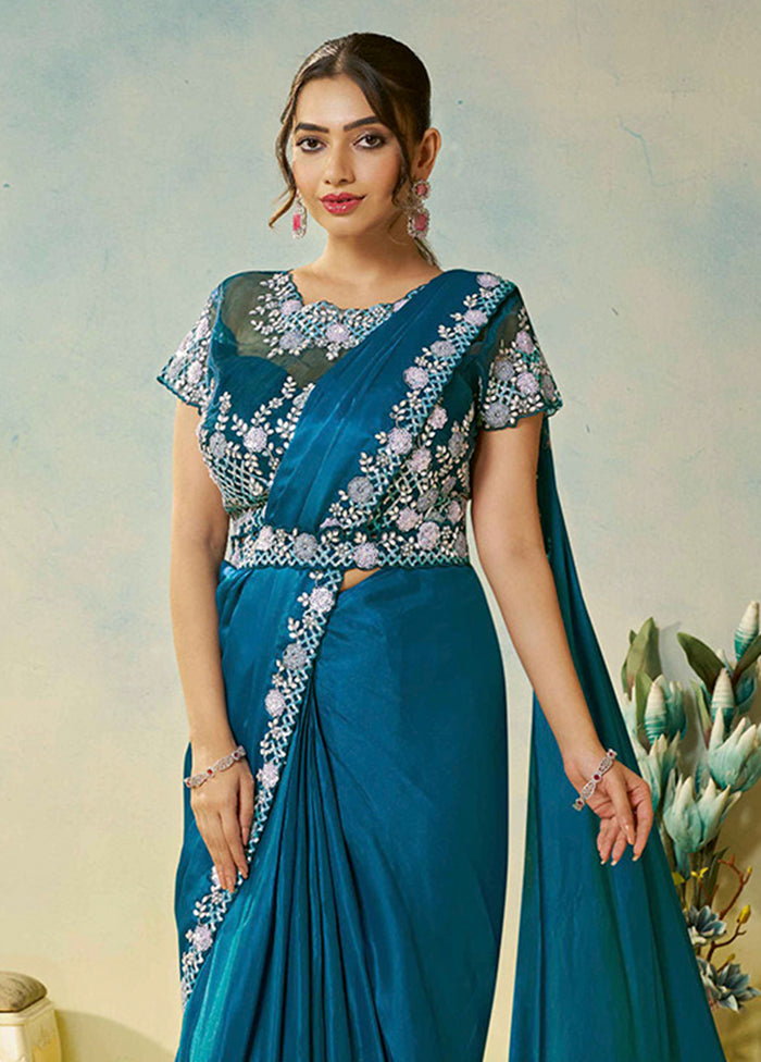 Blue Spun Silk Saree With Blouse Piece (Ready to Wear Saree)
