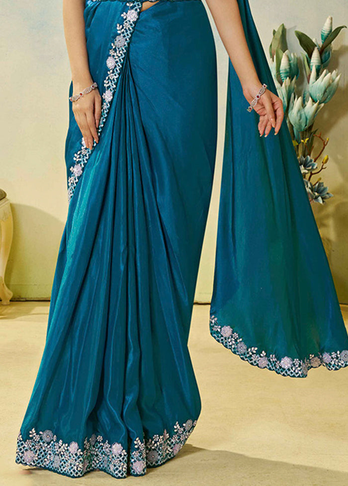Blue Spun Silk Saree With Blouse Piece (Ready to Wear Saree)