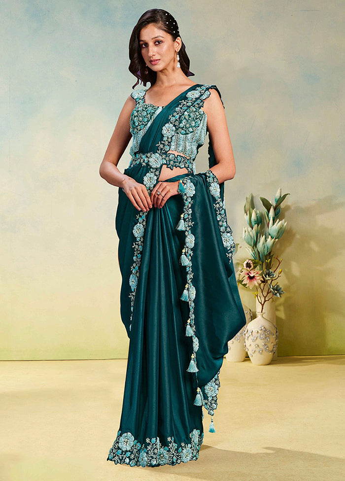 Green Spun Silk Saree With Blouse Piece (Ready to Wear Saree)