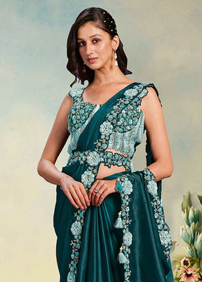 Green Spun Silk Saree With Blouse Piece (Ready to Wear Saree)