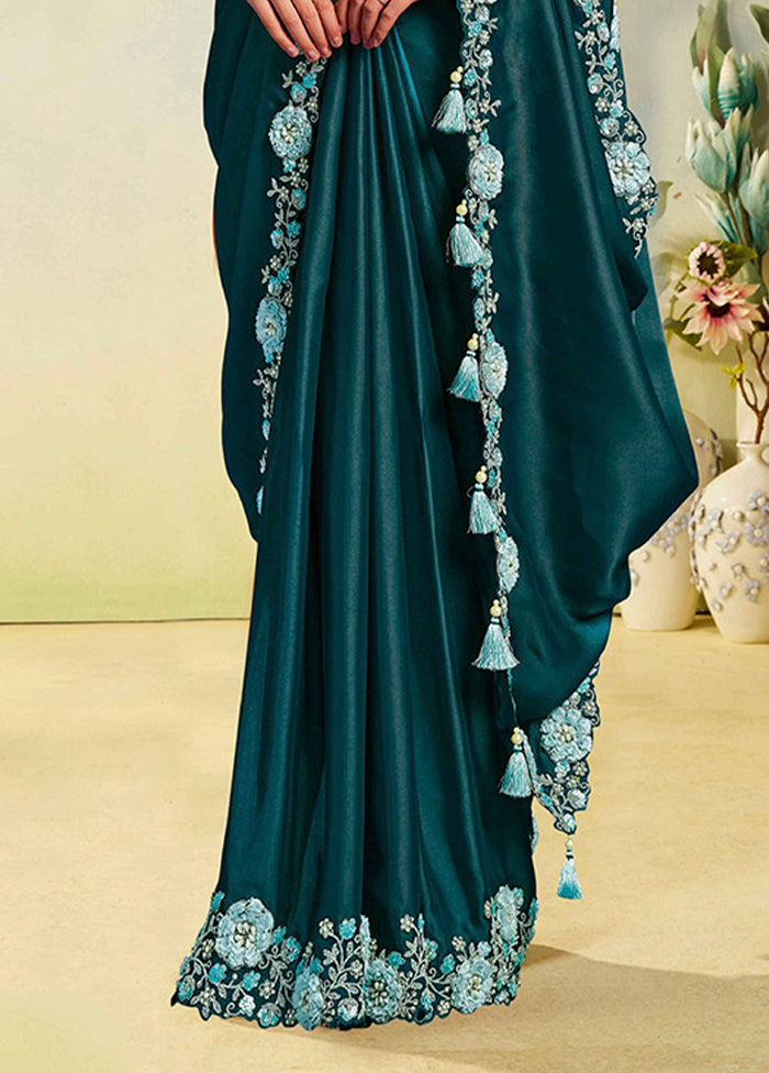 Green Spun Silk Saree With Blouse Piece (Ready to Wear Saree)