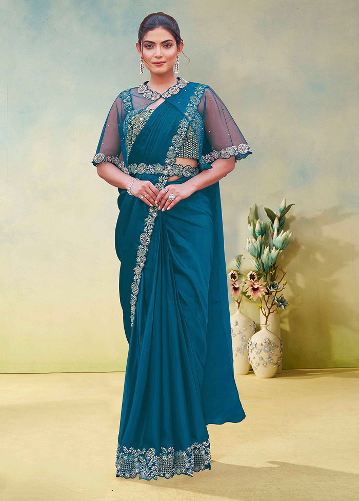 Blue Spun Silk Saree With Blouse Piece (Ready to Wear Saree)