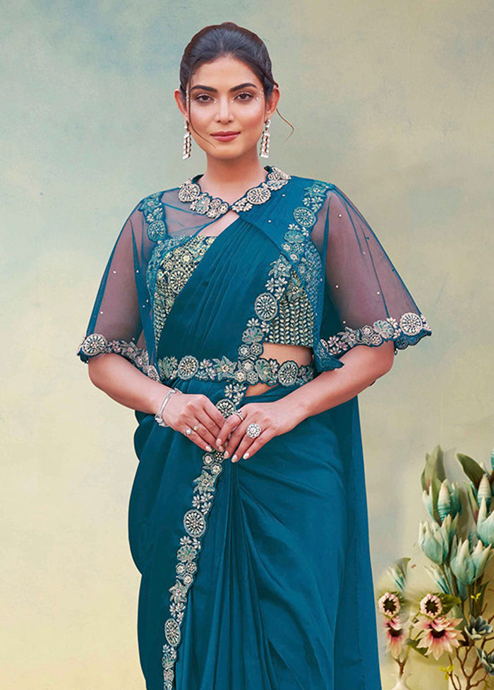 Blue Spun Silk Saree With Blouse Piece (Ready to Wear Saree)