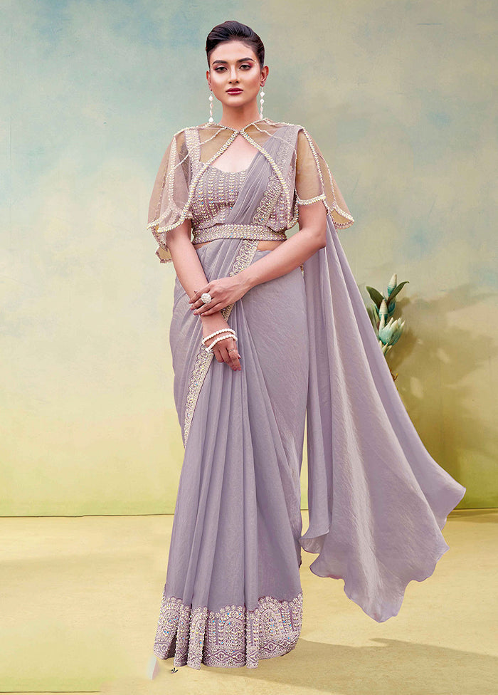 Lavender Spun Silk Saree With Blouse Piece (Ready to Wear Saree)