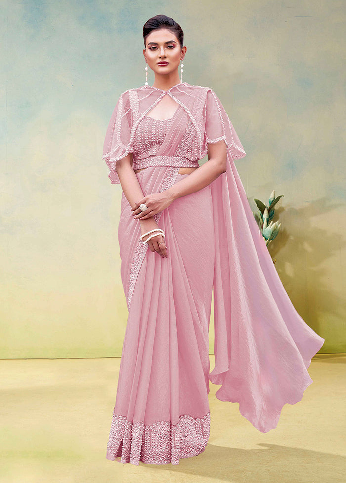 Pink Spun Silk Saree With Blouse Piece (Ready to Wear Saree)