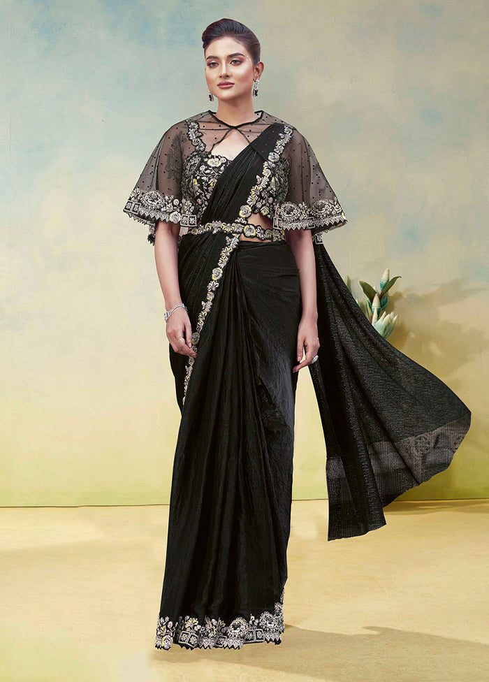 Black Spun Silk Saree With Blouse Piece (Ready to Wear Saree)