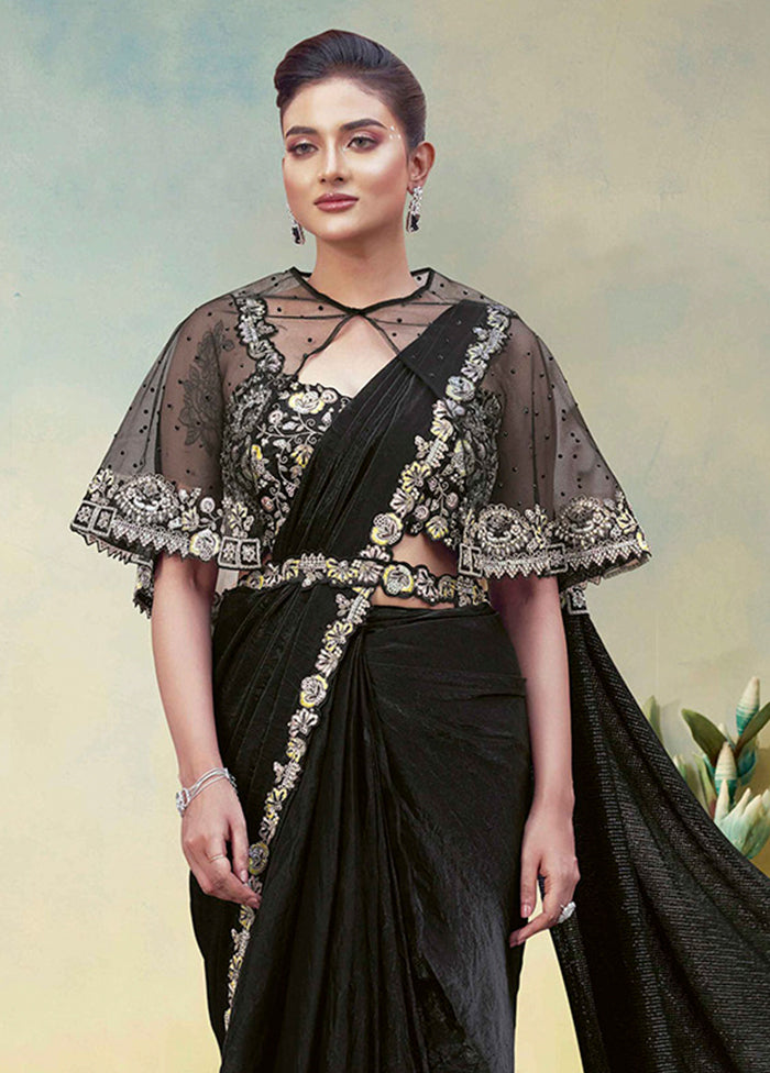 Black Spun Silk Saree With Blouse Piece (Ready to Wear Saree)