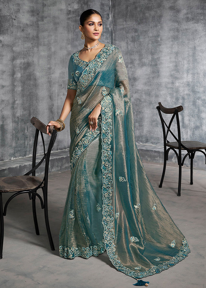 Blue Tissue Silk Saree With Blouse Piece