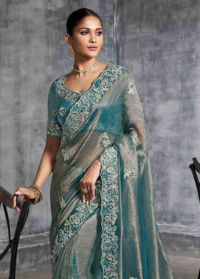 Blue Tissue Silk Saree With Blouse Piece