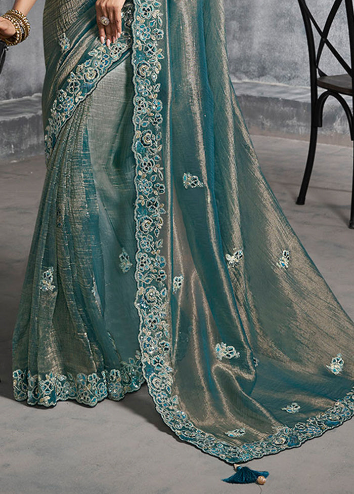 Blue Tissue Silk Saree With Blouse Piece