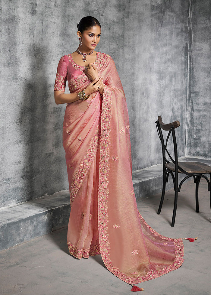 Pink Tissue Silk Saree With Blouse Piece
