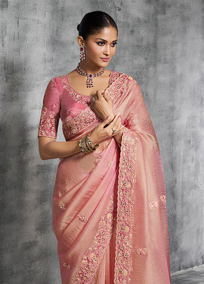 Pink Tissue Silk Saree With Blouse Piece